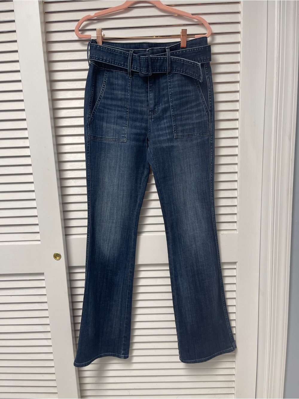White House Black Market Dark Blue High-Rise Flare Jeans with Belt